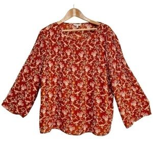 Max Studio Boho Floral Blouse Size Large Faux Pleated On Top With Bell Sleeve